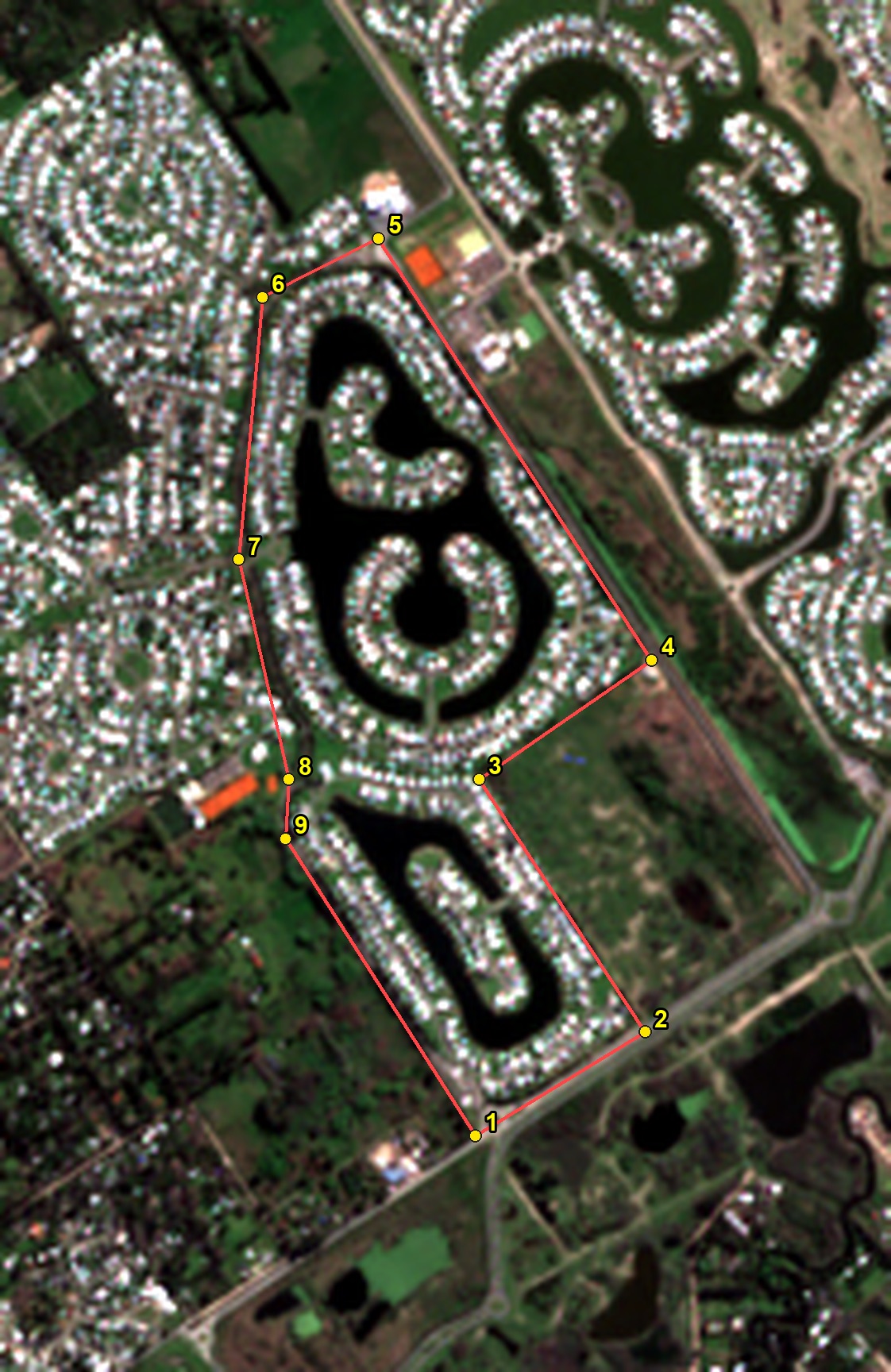 Perímetro de este barrio con sus 9 vértices numerados sobre imagen satelital