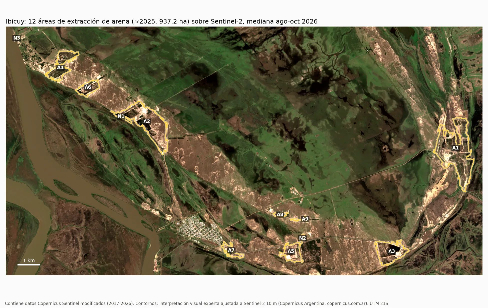 Map of the 12 sand extraction areas of Ibicuy over a 2026 Sentinel-2 image