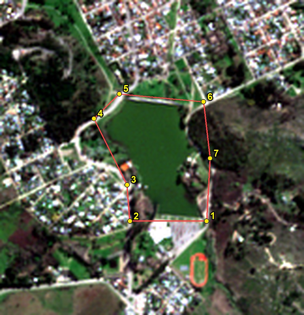 Perímetro del Dique del Fuerte con los 7 vértices sobre imagen Sentinel-2