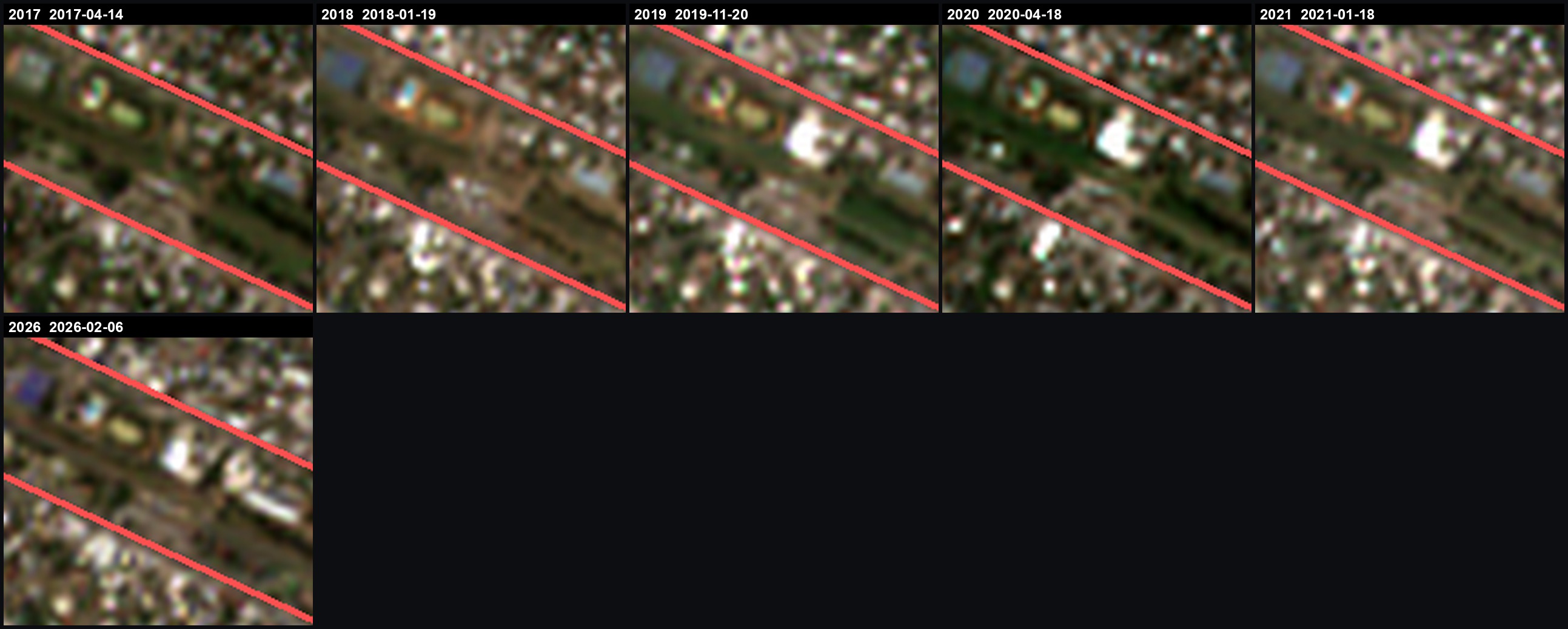 Zoom sobre la franja, Sentinel-2 2017 a 2026