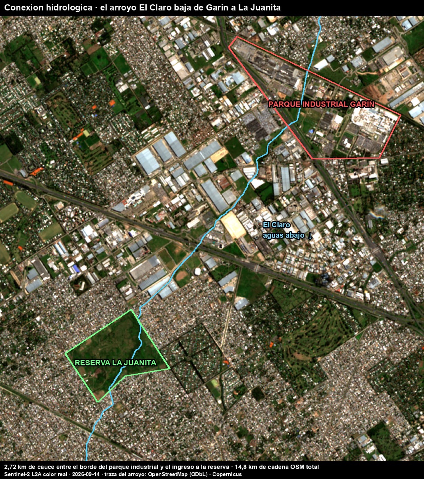 El corredor del arroyo El Claro entre el Parque Industrial Garín y la reserva