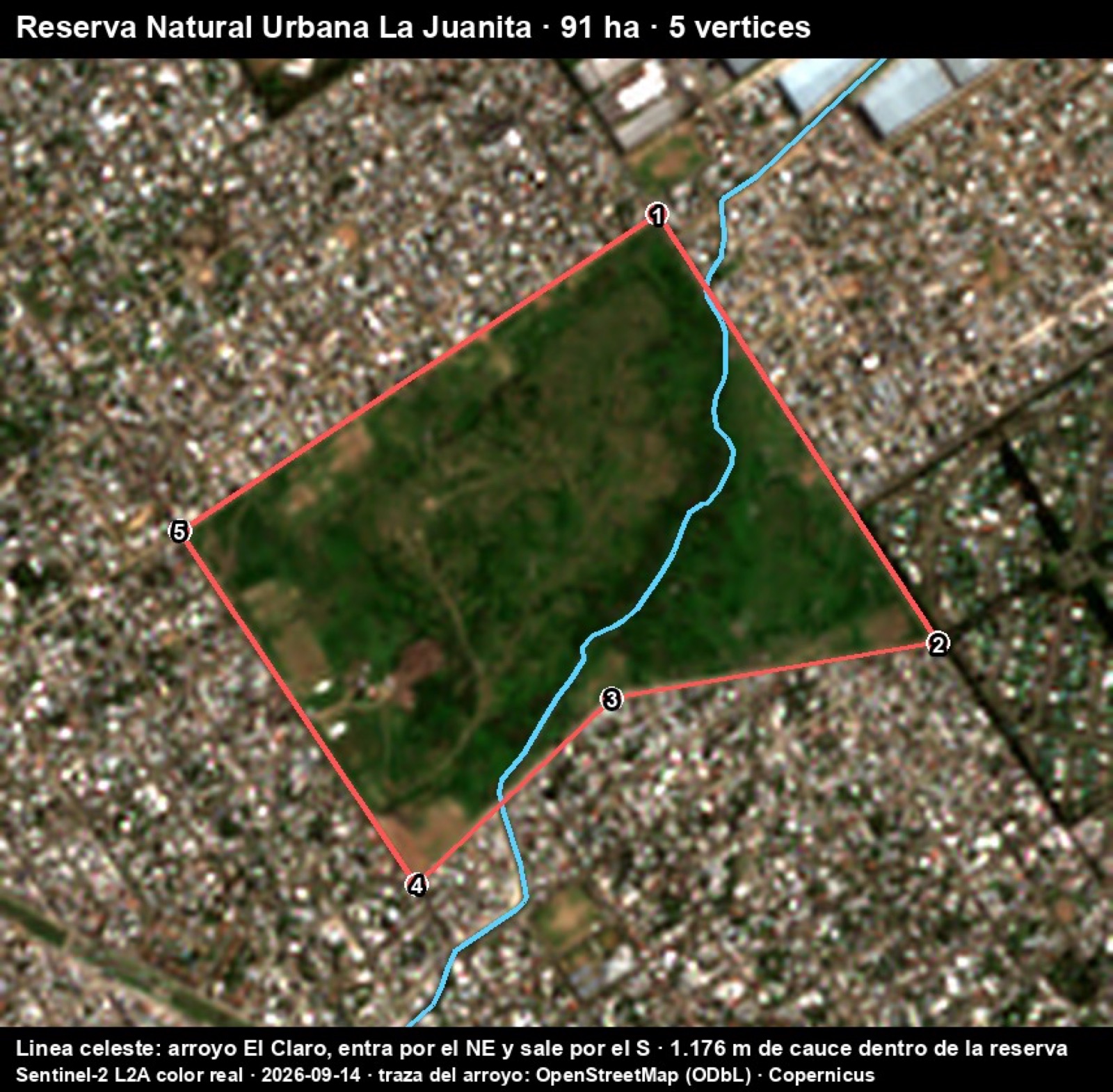 La reserva con sus vértices y el arroyo El Claro