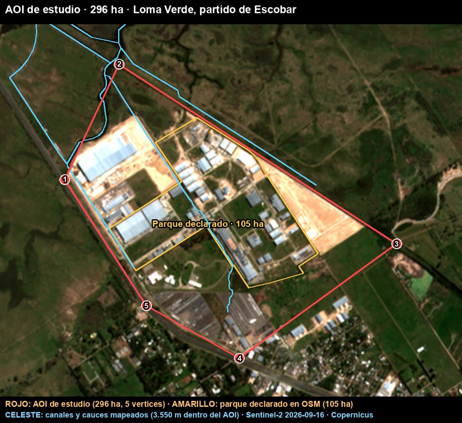 El AOI de estudio con sus vértices y el parque declarado