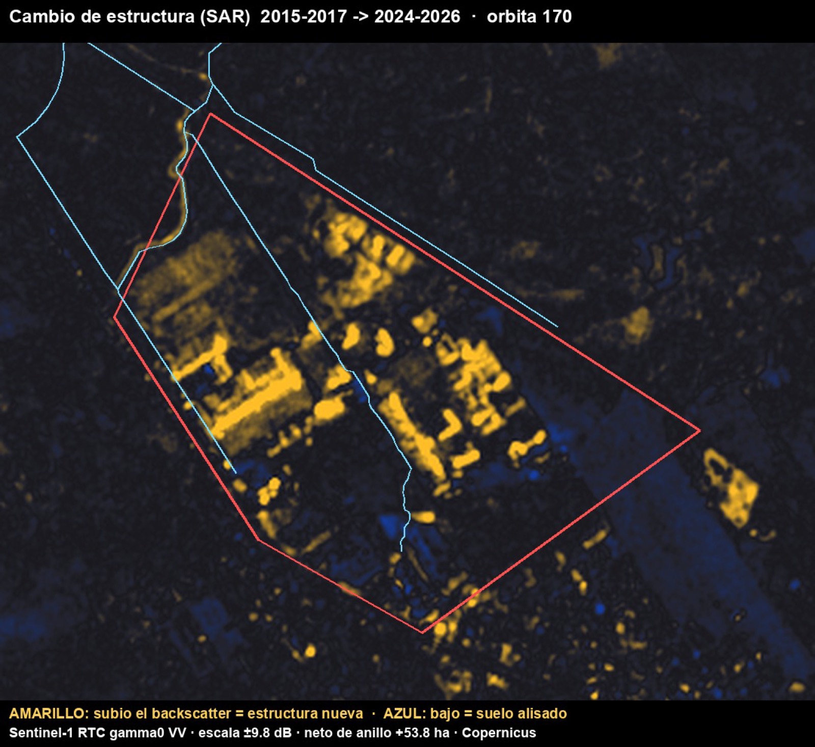 Mapa de cambio de backscatter entre 2015-2017 y 2024-2026