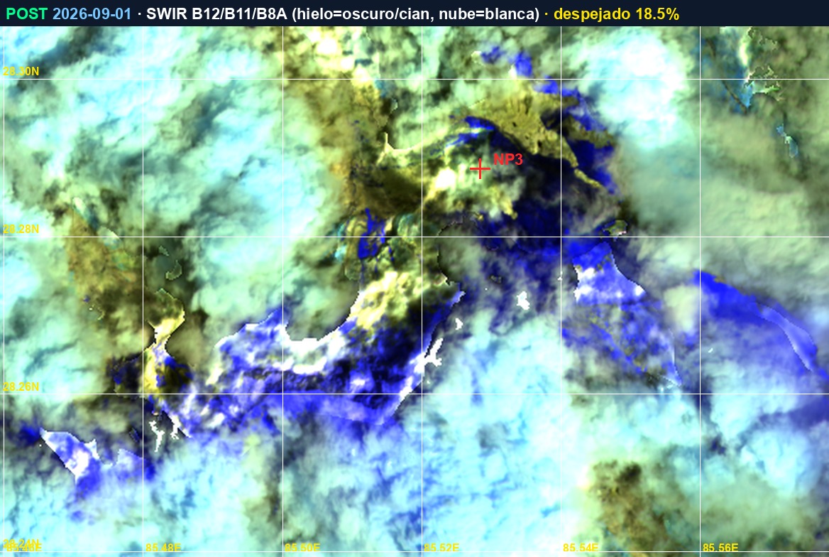 Falso color SWIR del glaciar, 1 de septiembre de 2026