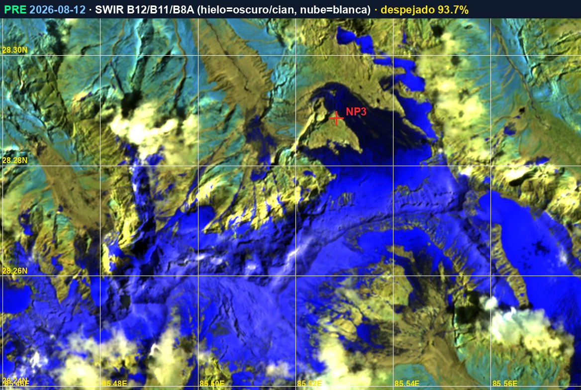 Falso color SWIR del glaciar, 12 de agosto de 2026, catorce días antes del evento